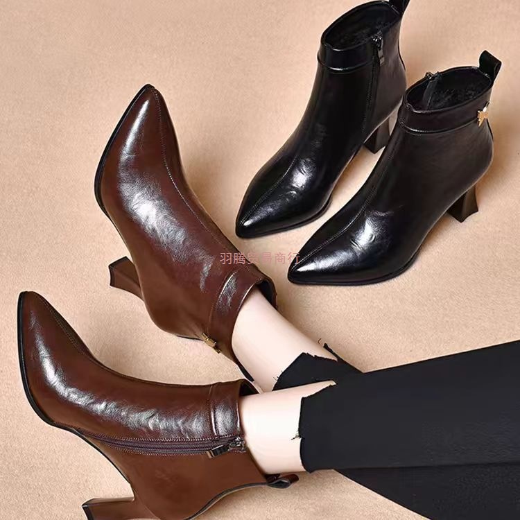 真软皮短靴2025拉德秋冬新款高跟鞋加绒尖头女靴法式妈妈高跟鞋男