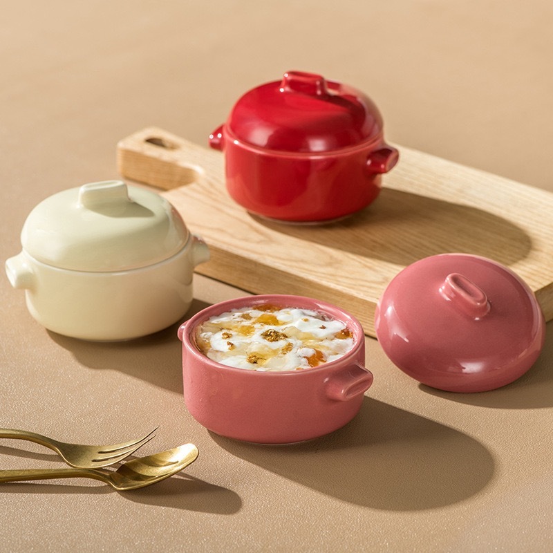 Cream Style Binaural Ceramic Stew Pot with Lid Household Steamed Egg Bowl Stewed Bird's Nest Dessert Baby Food Baking Bowl Microwave Oven