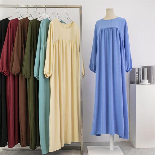 Round-neck, loose-fit, plus-size long-sleeved solid-color pullover robe skirt—spring and autumn knee-length dress
