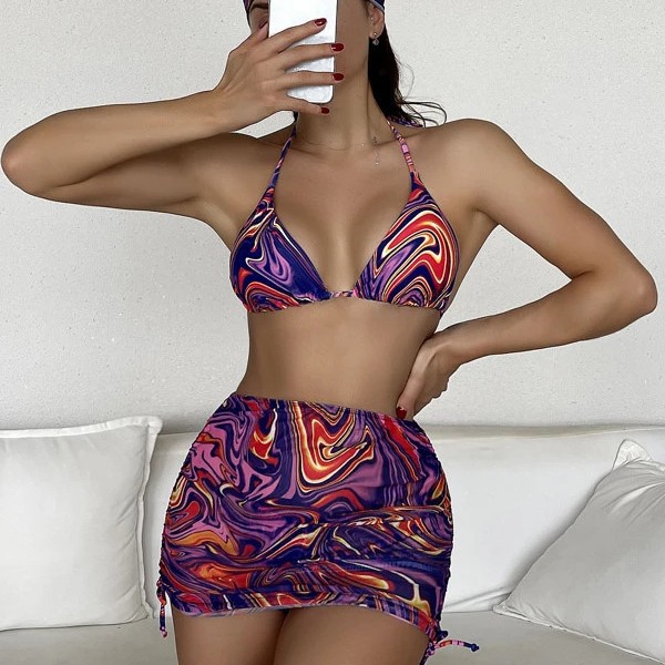 Mingyi nuevo europeo y americano sexy split bikini moda multi-color impreso malla falda traje de baño de cuatro piezas
