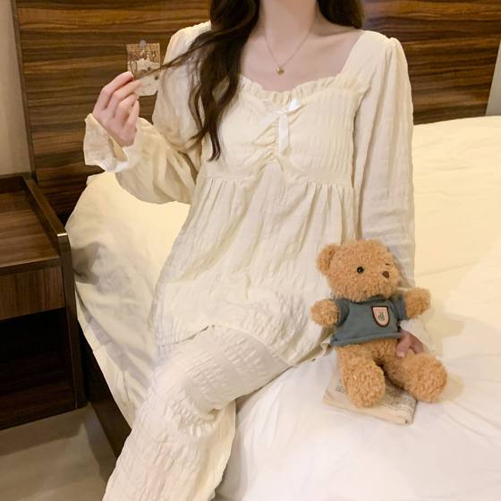 Autumn 2024 New Princess Style Pajamas Women's Cloud Cotton Solid Color Sweet Simple Comfortable Two-piece Set with Chest Pad