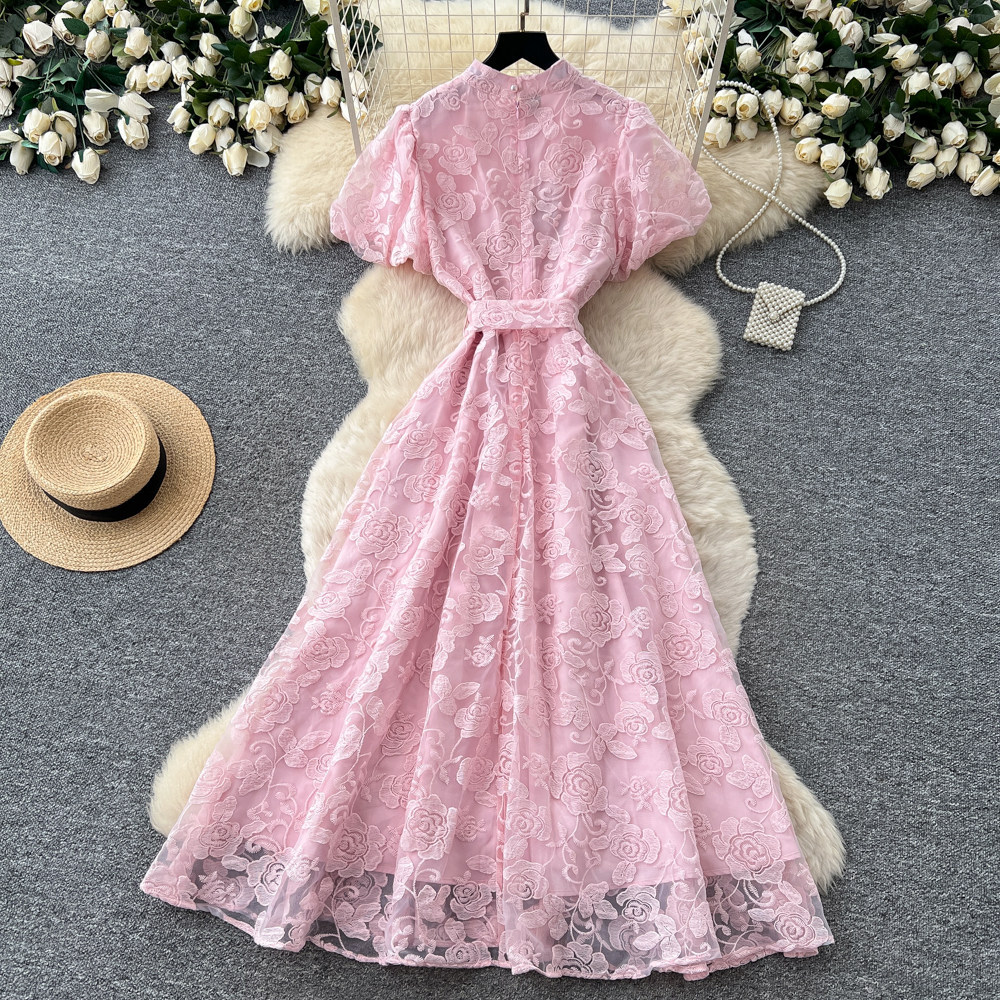 Elegant Lace Embroidered Dress for Women High-Waisted A-Line Skirt Summer Suitable for Commuting And Banquets_ecoleips.com