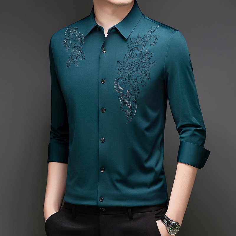 2025 Autumn New Men's Long Sleeve Shirt Stretch Exquisite Embroidery Light Luxury National Style Business Breathable Bottoming Shirt