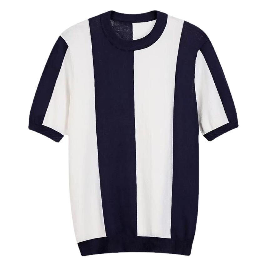 Nueva Camiseta de manga corta de seda de hielo a rayas casual ropa superior de los hombres delgados simples suéter de moda
