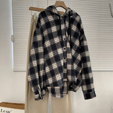 复古加厚磨毛格子衬衫女连帽宽松慵懒风学生减龄休闲开衫外套秋冬
