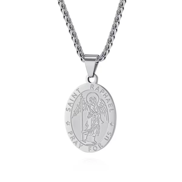European and American God Guardian Sacred Raphael Archangel Titanium Steel Pendant Necklace Men's and Women's Woolen Chain Holiday Gift