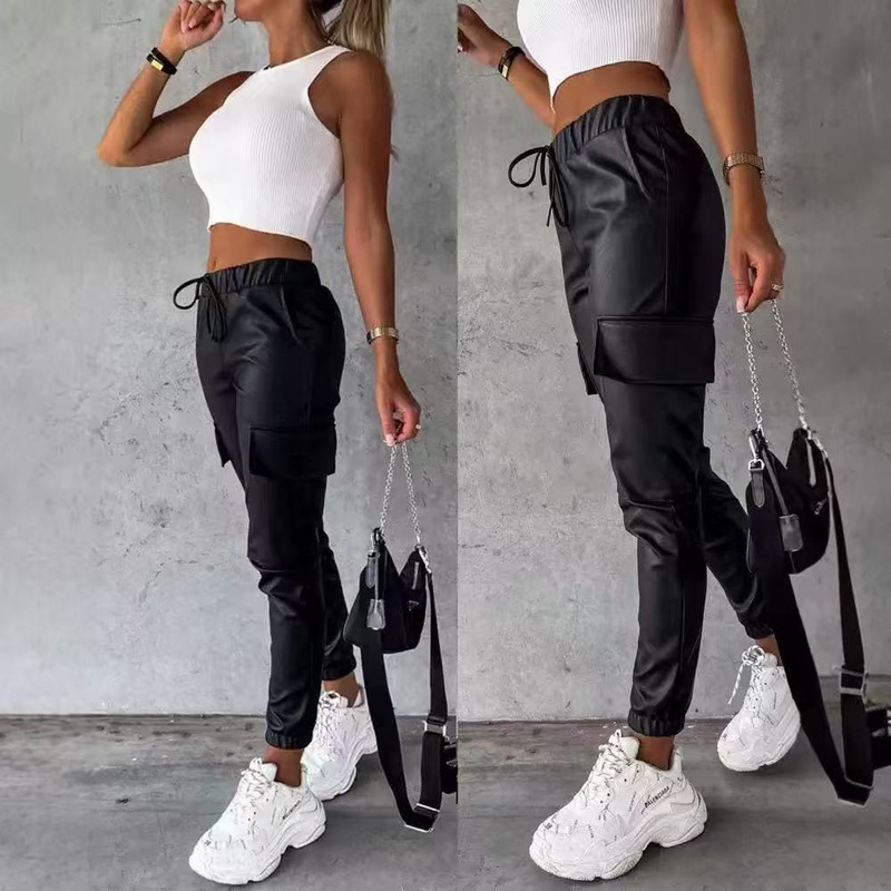 European and American cross-border Amazon casual leather pants, solid color, elastic waistband, trendy slim-fit design, stylish and unique leggings