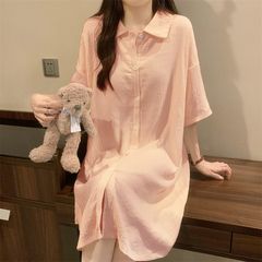 人気の高級シンプル無地シャツ風パジャマワンピース、ミドル丈、膝丈、外でも着られる、胸パッド付きホームウェア、夏