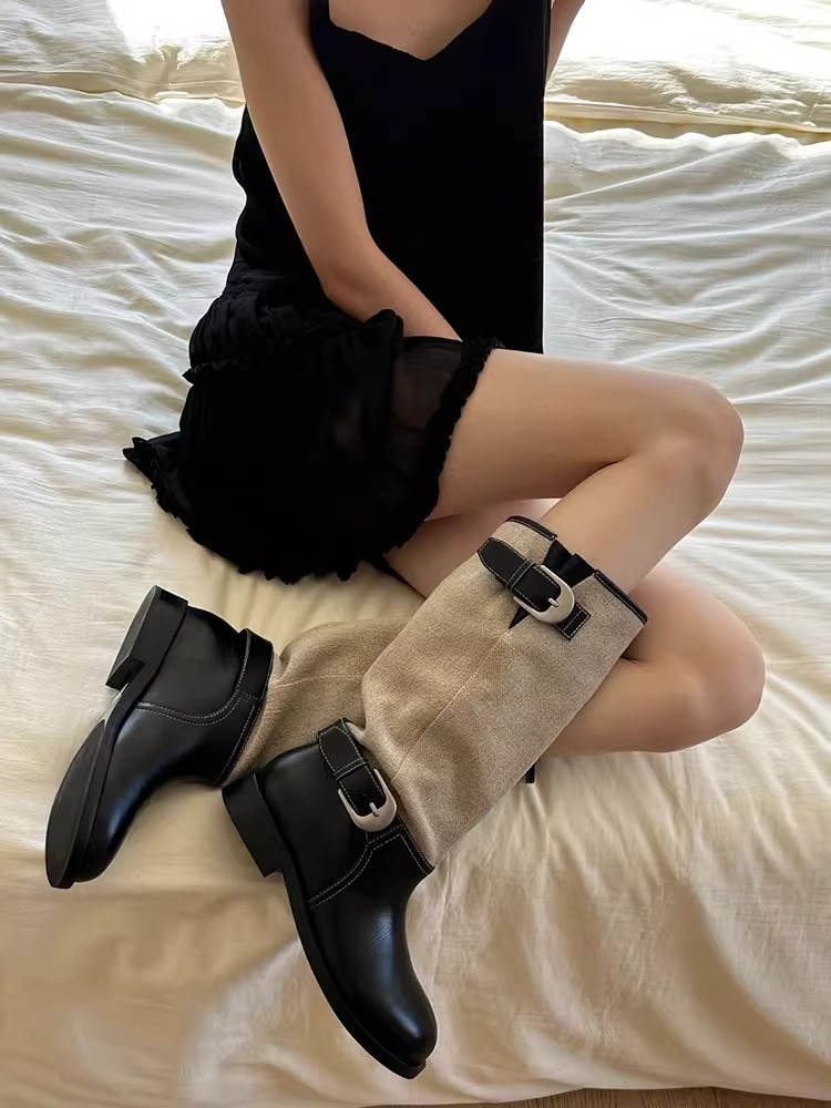 Botas altas de senhora em pele de vaca estilo britânico_voghion.com