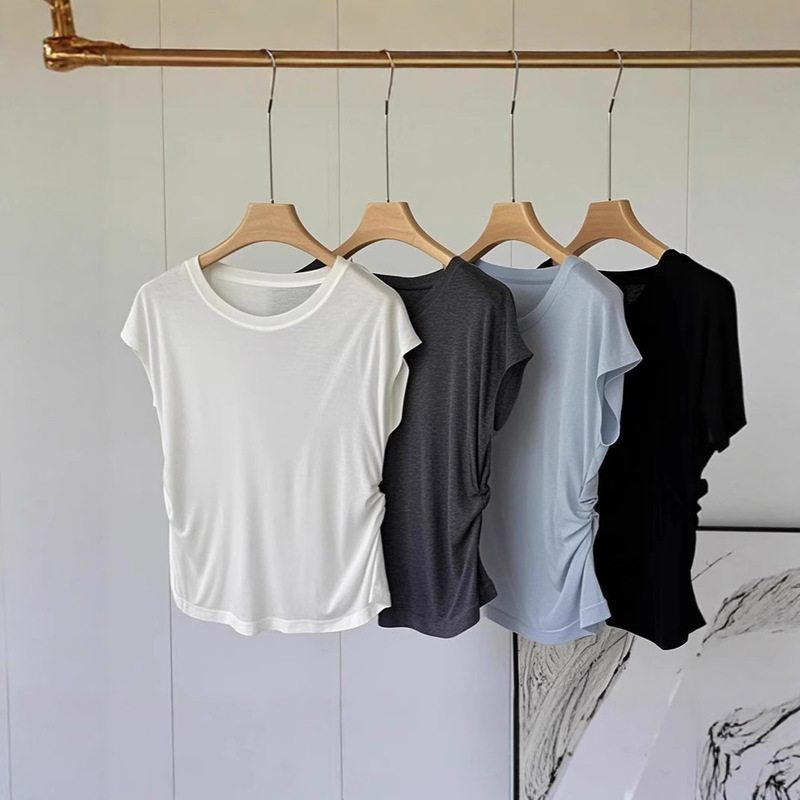 Tencel Wool Short-Sleeved Sweat-Absorbent Slimming Look Pure Color Sweet and Spicy Little Flying Sleeves Slimming Look Yoga Wear Whitening Lazy T-Shirt