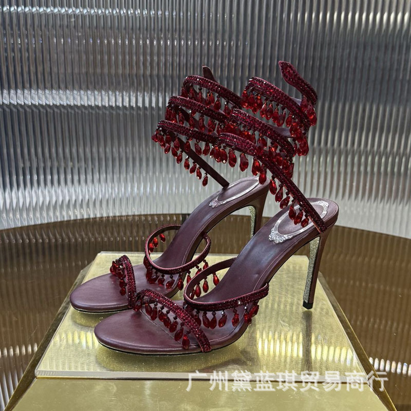 RC真丝烫钻水晶吊坠蛇形缠绕波西米亚仙女风高跟凉鞋婚鞋宴会礼仪