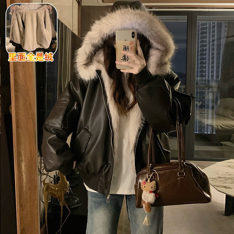 实拍 冬季座山宽松大毛领皮衣女2025新款加厚保暖连帽外套短款