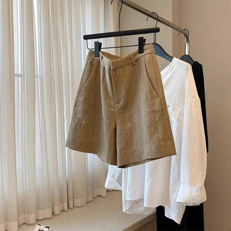 CHAO class recommend! Fashionable casual high-quality old money style ~ khaki linen high waist slim legs long shorts