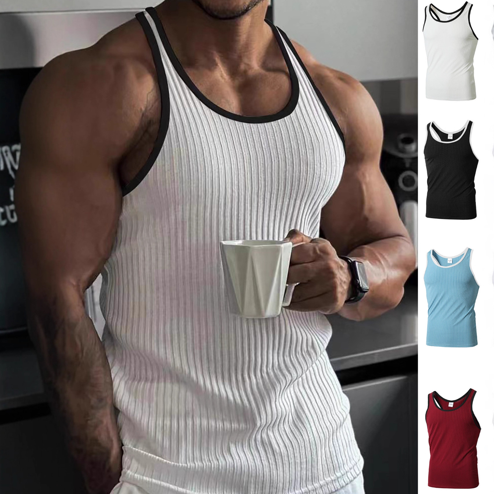 European Code Cross-border Foreign Trade Summer Knitted Vertical Stripe Fitness Sports Slim-fit Vest Men's I-character Color-matching Vest
