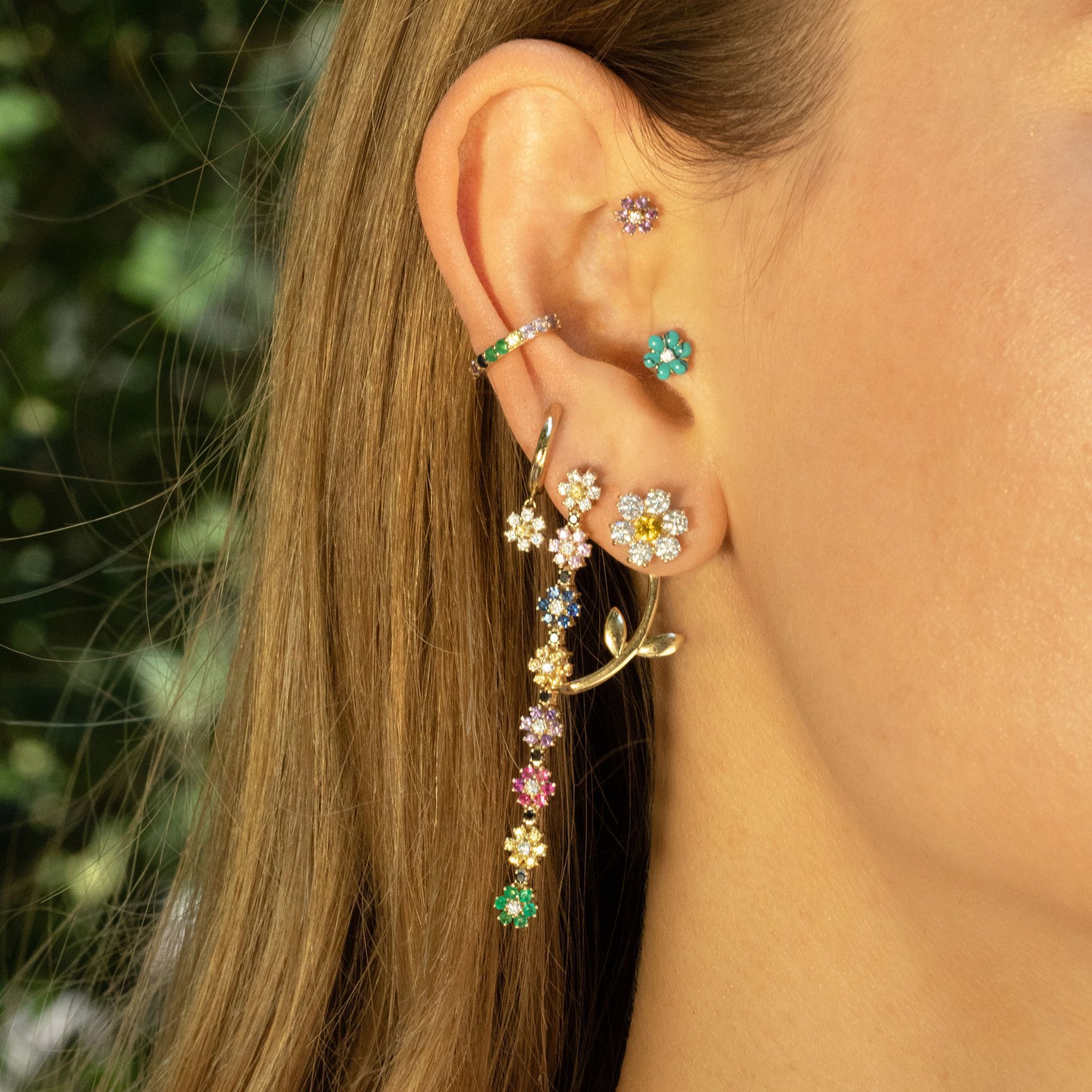 French Style Flower Brass Ear Studs Flowers Gem Copper Earrings