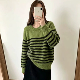 复古圆领条纹长袖针织衫女秋季温柔风套头毛衣撞色时尚休闲上衣潮