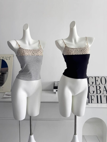 Women's New Color-blocked Leopard Print Camisole Top with Built-in Bra Cup, Pure Desire Seductive Layering Underwear Short-sleeve Top