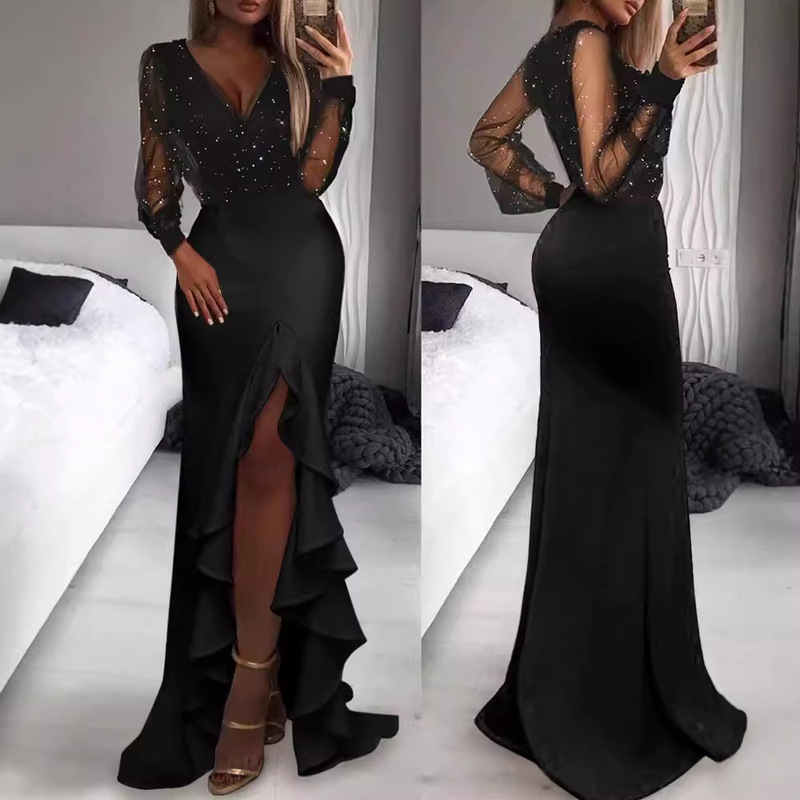 2026 New Cross-Border Style Hip-Hugging Mid-Waist Black Artistic Mesh Sequin Elegant Commuter Long Dress