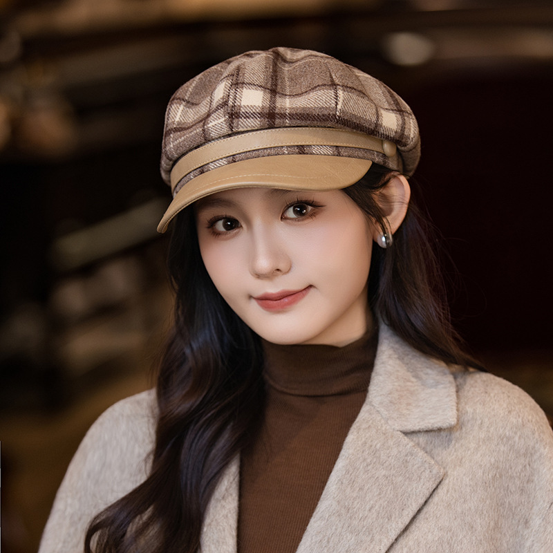 新款显脸小平顶鸭舌帽英伦风秋冬女士鸭舌帽八角帽女贝雷报童帽子|undefined