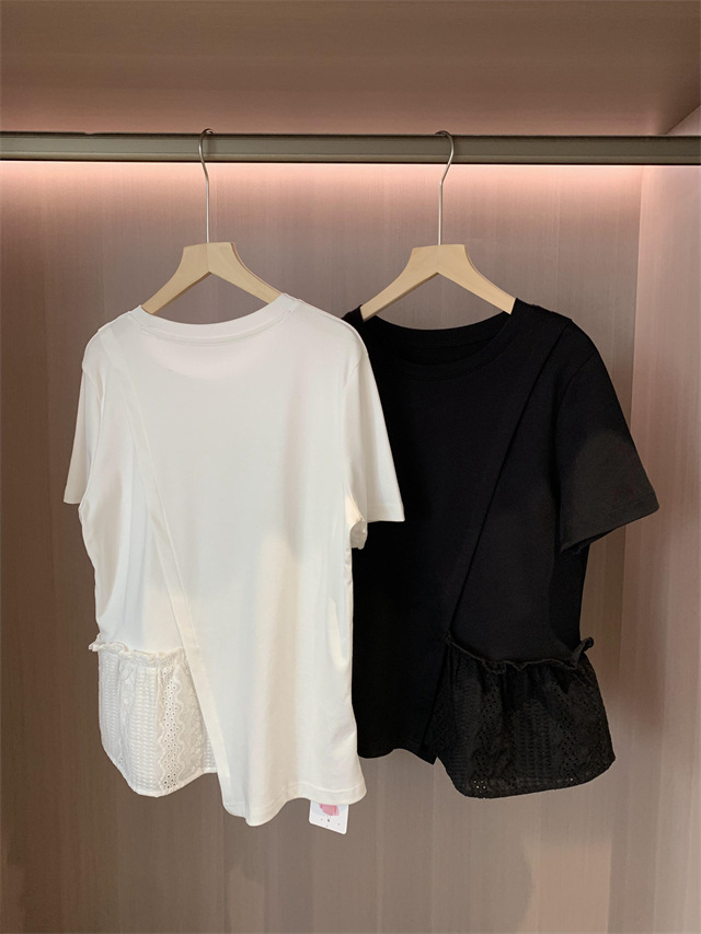 Design sense: Unconventional irregular hollowed-out embroidery patchwork hem, loose short-sleeved T-shirt for women, Spring/Summer 2025 G032206 pic 26