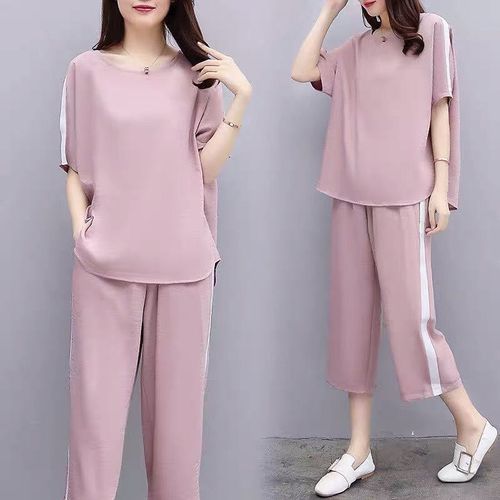 Summer Korean-style two-piece set for large size women, loose and comfortable wide-leg pants set for plus-size women