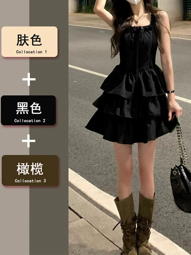 Черное платье-спагетти в французском стиле, новинка лета 2025 года, женская мода, пышное платье принцессы в стиле Хепберн.