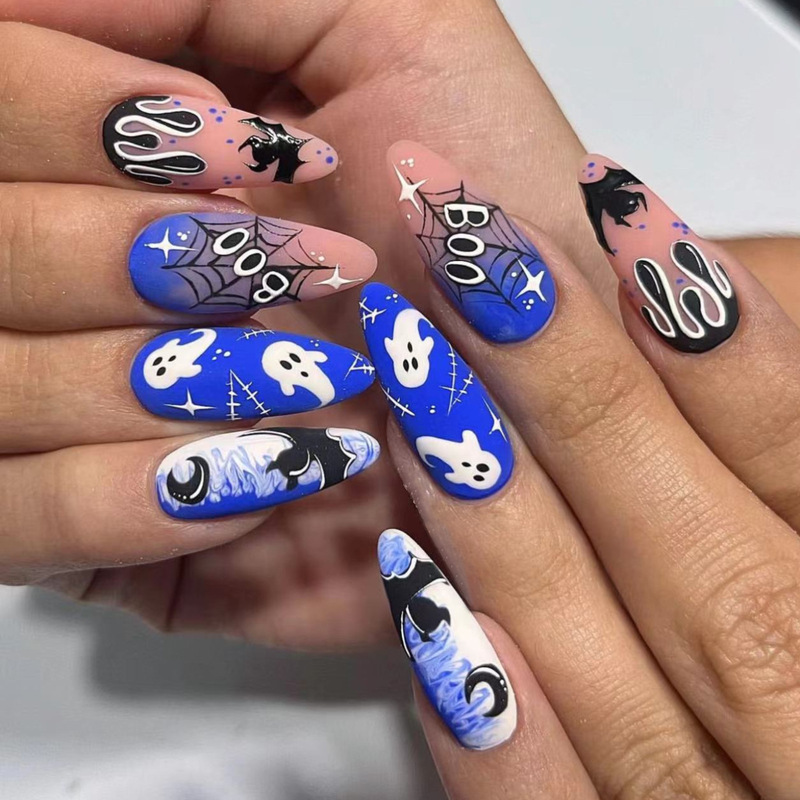 Halloween almond frosted manicure nail patch ghost bat spider web design blue and white blooming fake nails