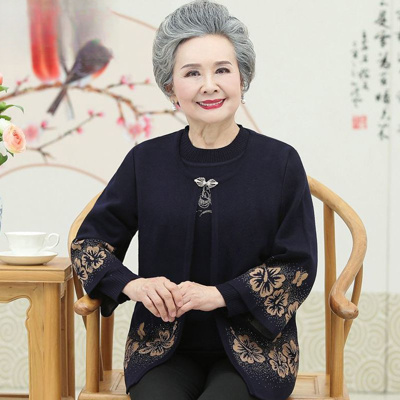 老年人秋装女针织外套70岁老太太妈妈春秋两件套老人衣服奶奶套装