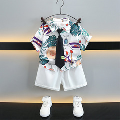 男童碎花襯衫套裝夏季2024新款兒童夏威夷度假風男孩海邊短袖襯衣