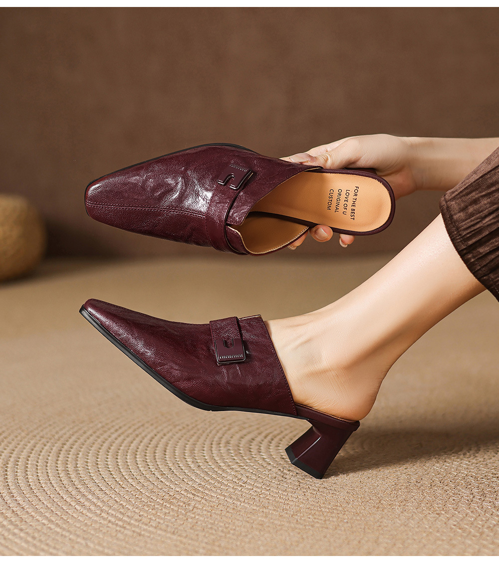Dép sandal cao gót nữ mũi nhọn quai ngang da dê gót thô 5 cm — đen chi tiết 10