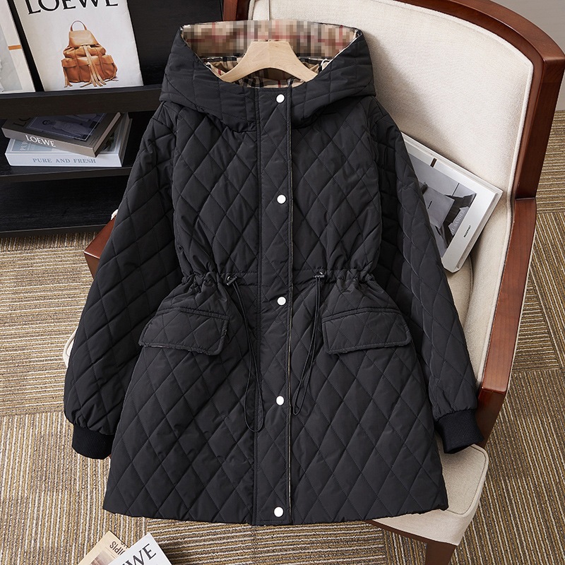 Autumn and winter plus-size Korean-style patchwork waist-cinching warm windproof hooded cotton coat simple jacket top S5576