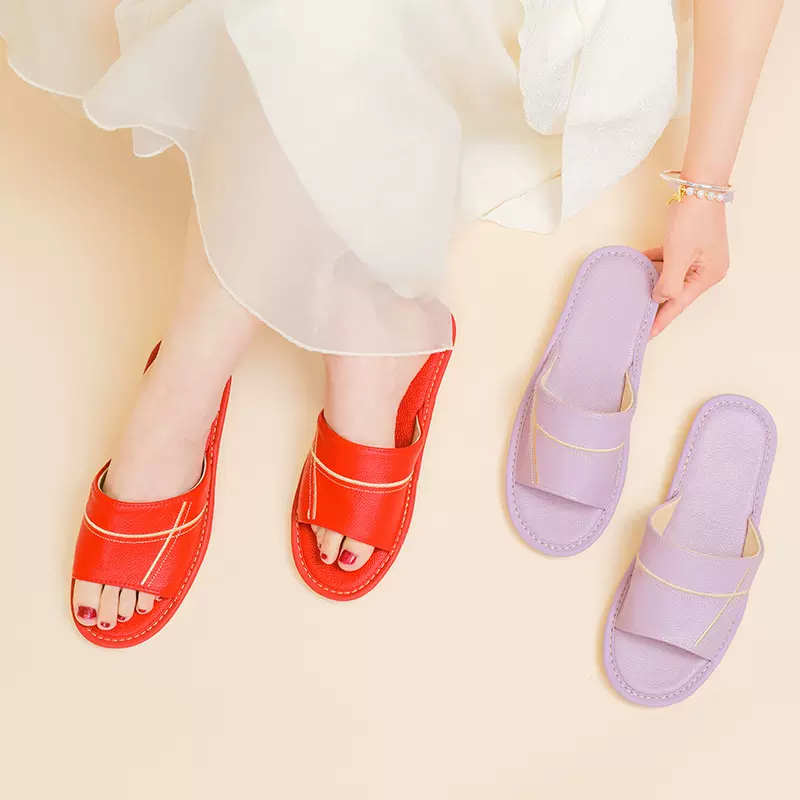 加工夏季十字绣牛皮露趾休闲凉拖 居家情侣皮拖鞋 室内防滑耐磨鞋