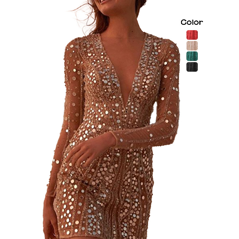 2025 Cross-Border Foreign Trade European and American Foreign Trade Women's Clothing Ebay Direct Sales Deep V-Neck Long-Sleeve Sequin Dress Cocktail Dress 2025 Cross-Border Foreign Trade European and American Foreign Trade Women's Clothing Ebay Direct Sales Deep V-Neck Long-Sleeve Sequin Dress Cocktail Dress