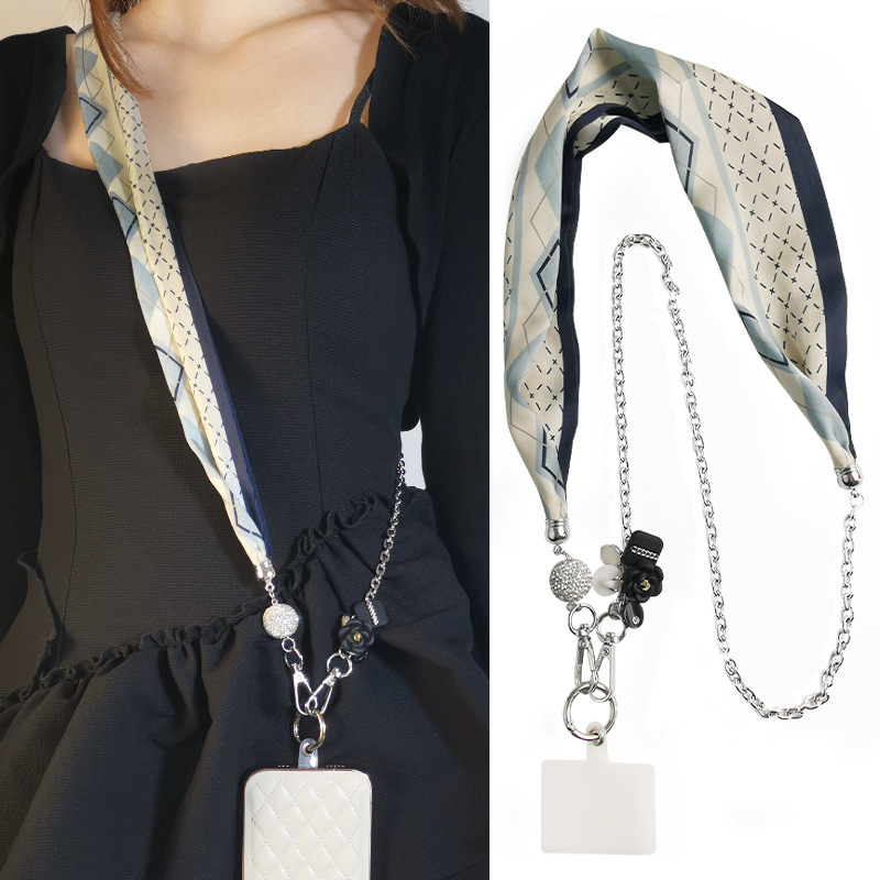 Long mobile phone lanyard can be carried across the body, silk scarf lanyard for women, mesh metal chain mobile phone case, anti-lost and removable