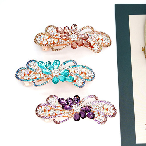 Diamond Flower Spring Clip Crystal Hairpin Rhinestone Hairpin Temperament Headwear Hair Accessories Horizontal Clip Ponytail Clip Jewelry Wholesale