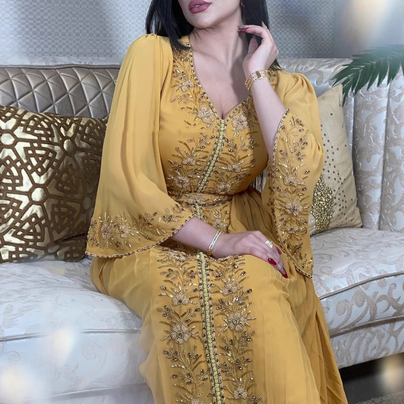 2023 Spring/Summer European and American Foreign Trade Women's Clothing Independent Foreign Trade Embroidered and Rhinestone-Embellished Kaftan Robe Evening Dress