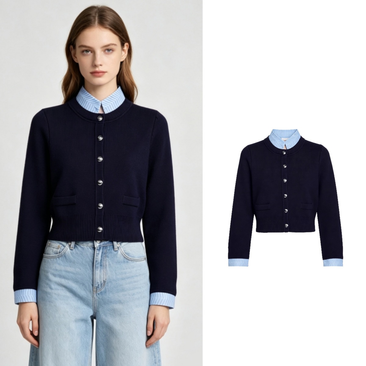 2026S Early Autumn Women's French Retro Fashion Color-Block Stand Collar Long Sleeve Faux Two-Piece Knit Cardigan for Women