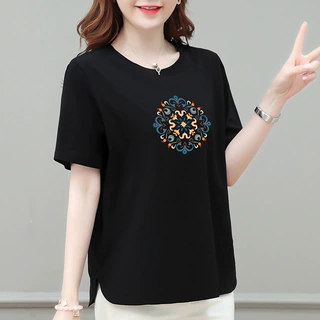 纯棉短袖t恤女时尚大码女装洋气宽松显瘦中年妈妈装气质半袖上衣