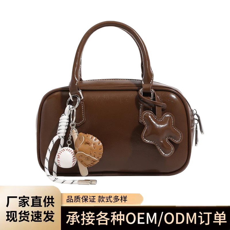 Cross-Border Hua Ren Genuine Leather Xiabeta Bag Small Bowling Bag Niche Handbag Boston Pillow Crossbody Bag