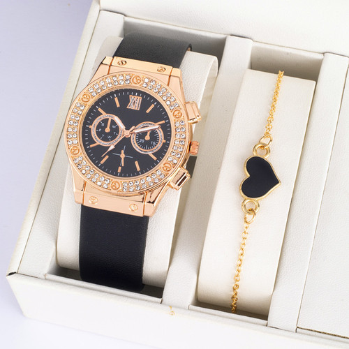 ins Korean style diamond fashion pu strap watch simple watch bracelet two piece set wholesale watch ladies fashion