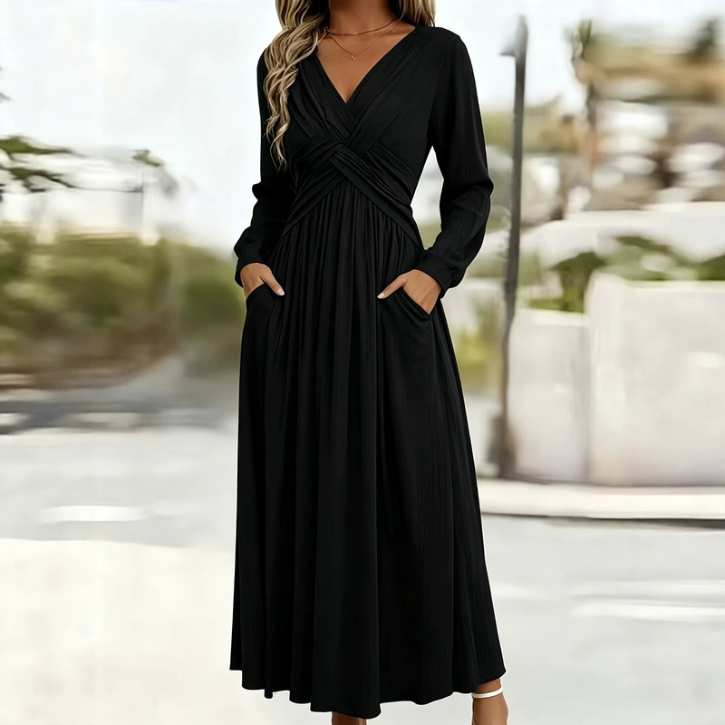 European and American 2026 Spring/Summer New Fashion Pleated V-neck Slim Fit Long Dress European and American 2026 Spring/Summer New Fashion Pleated V-neck Slim Fit Long Dress