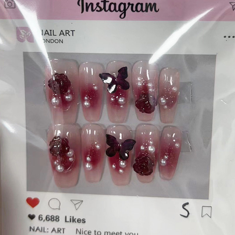 Kaiman nuevo hecho a mano de fototerapia desgaste de uñas chica caliente vino rojo Camelia mariposa desgaste uñas especial pieza de uñas al por mayor