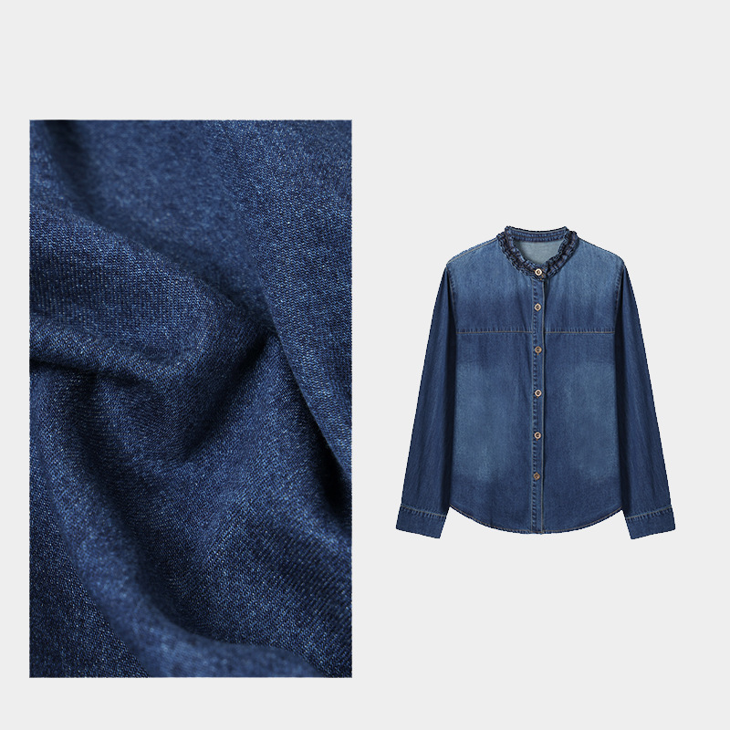 New Autumn Lace Collar Simple Denim Shirt with Pleated Thickened Long Sleeves Women's Denim Top Fsy51556W