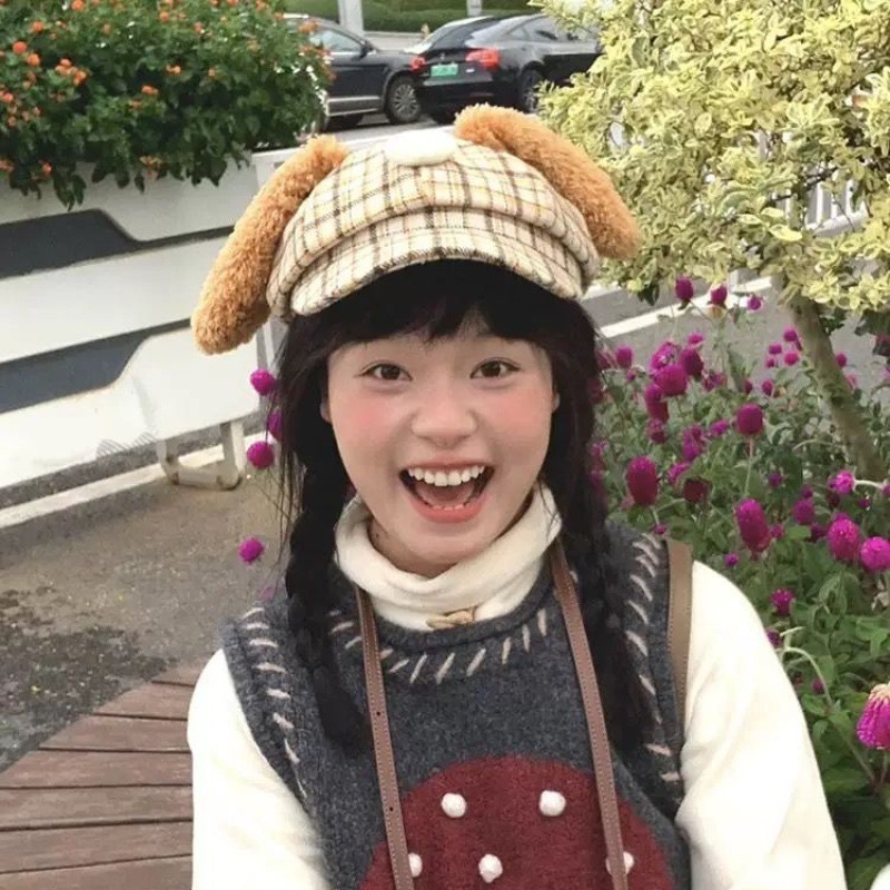 狗狗毛绒耳朵格纹帽子女可爱y2k甜酷八角帽显脸小秋冬氛围感帽子|undefined
