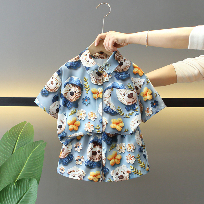 7872 traje de verano para niños 2025 nueva camisa hermosa para niños de dos piezas ropa de estilo de playa de moda para bebés