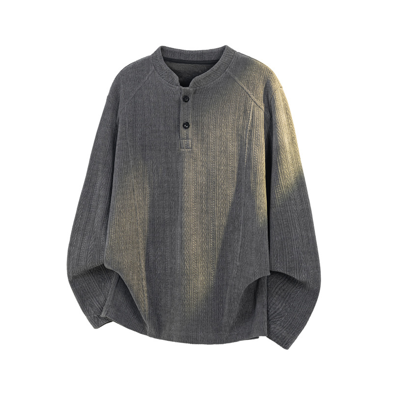 Textured Wheat-ear Pattern Henry Collar Long-sleeve T-shirt For Men, Spring Cleanfit High Street Style, Stylish And_voghion.com