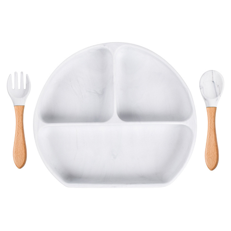 スポット分格子供食器ベビー吸盤シリコンボウル赤ちゃんスプーンストロー一体式シリコン皿|undefined