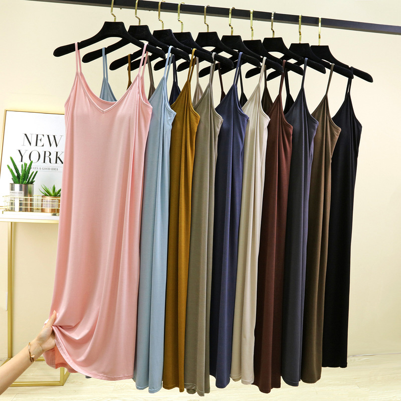 Modal V-Neck Over-The-Knee Dress with Chest Pads for Women, New Summer Style, Solid Color Base Dress, Thin Strap Long Dress Modal V-Neck Over-The-Knee Dress with Chest Pads for Women, New Summer Style, Solid Color Base Dress, Thin Strap Long Dress