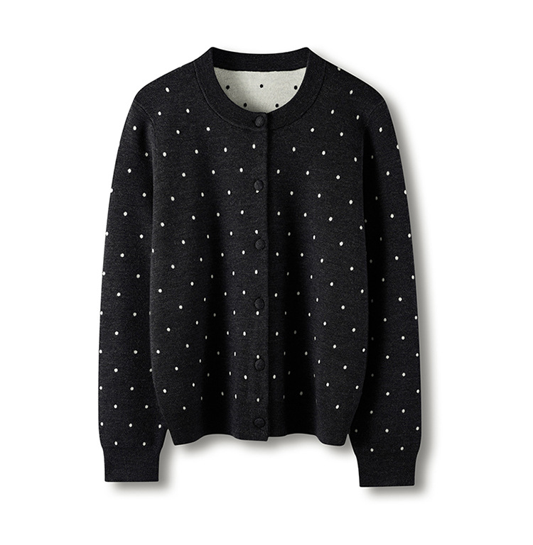 Chic GraceChic GraceChic GraceChic German Yangzi Yarn With Hanging Tag Xiaohe Fine Wool Polka Dot Round Neck Cardigan Polo Collar Sleeve Half_voghion.com