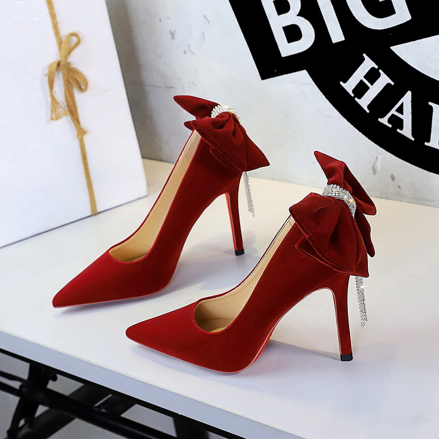 8355-H66 European American Style Fashionable Ultra-high Women's Shoes With Large Bow At The Back, Rhinestone Chain,_vogvips.com